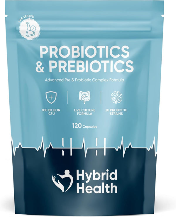 Probiotics + Prebiotics Supplement - 100 Billion CFU Probiotics, 120 Vegan Capsules, 20 Probiotic Live Culture Strains, Probiotics for Women & Men