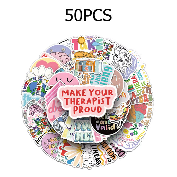 50/100PCS Mental Health Motivational Phrase Theme Stickers Cartoon Graffiti Decal DIY Phone Fridge Helmet Laptop Car Stickers